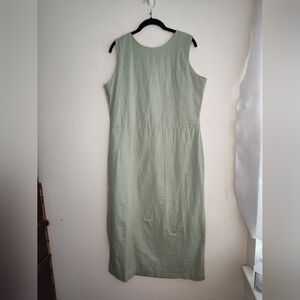 E Woman Linen Cotton Sleeveless Shirt Dress Green Shift Sz M Medium Midi Buttons